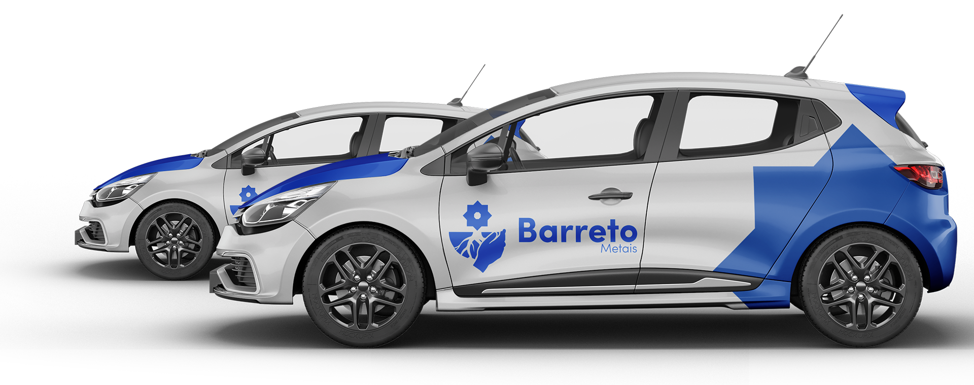 Dois carros adesivados com a identidade visual da empresa